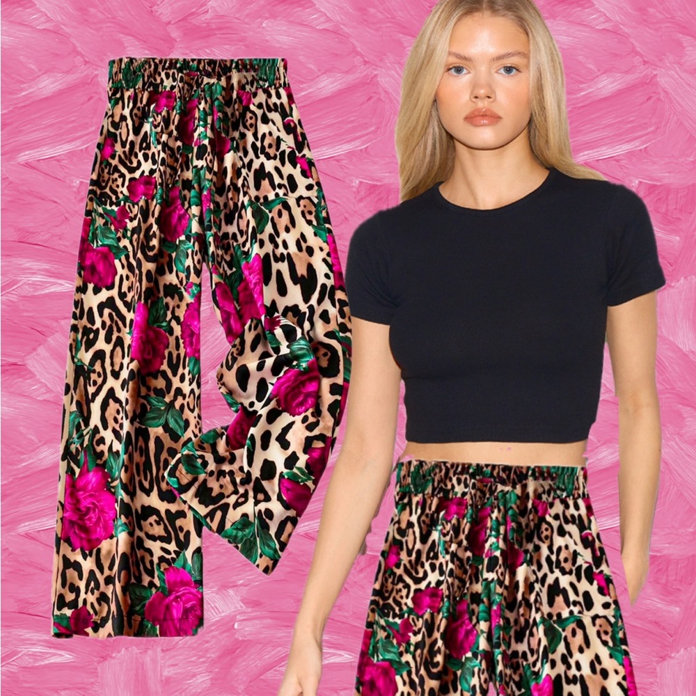 Leopard Print Paperbag Wide Leg Trousers with Pockets Pink Floral Accents XXL